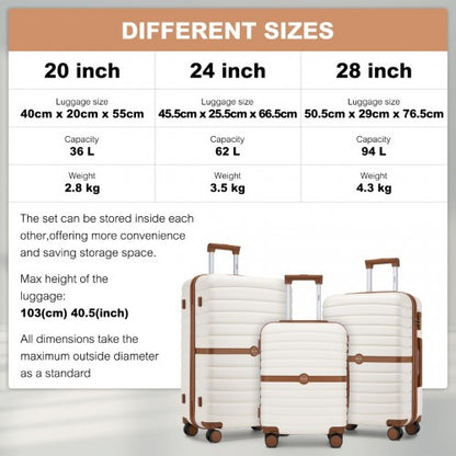KSK2592 - Kono ABS+PC Striped Design with Colour-Block Details 3-Piece Hardshell Luggage Set with Spinner Wheels - Cream and Brown