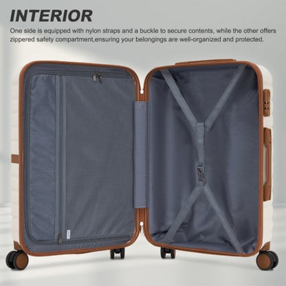 KSK2592 - Kono ABS+PC 28-Inch Striped Design with Colour-Block Details Large Checked Luggage for Longer Travels - Cream and Brown