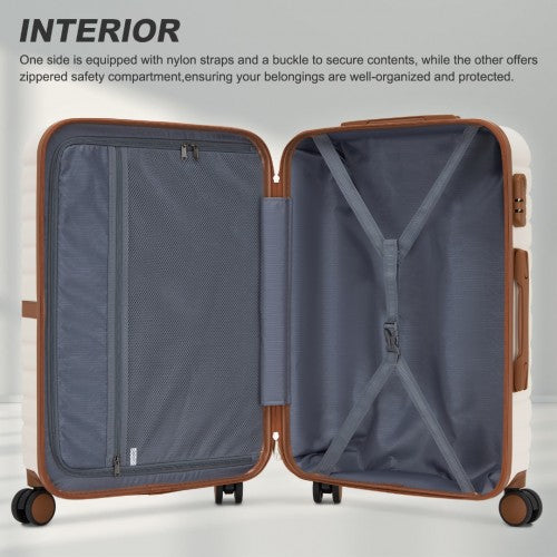 KSK2592 - Kono ABS+PC Striped Design with Colour-Block Details 3-Piece Hardshell Luggage Set with Spinner Wheels - Cream and Brown