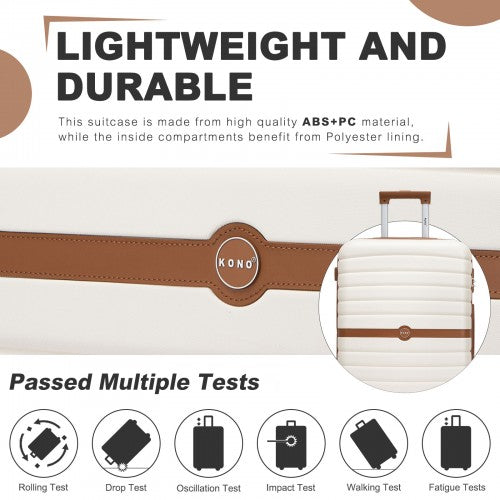 KSK2592 - Kono ABS+PC 20-Inch Striped Design with Colour-Block Details Carry-On Cabin Suitcase with Silent Spinner Wheels - Cream and Brown