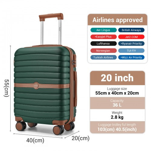 KSK2592 - Kono ABS+PC 20-Inch Striped Design with Colour-Block Details Carry-On Cabin Suitcase with Silent Spinner Wheels - Dark Green and Brown