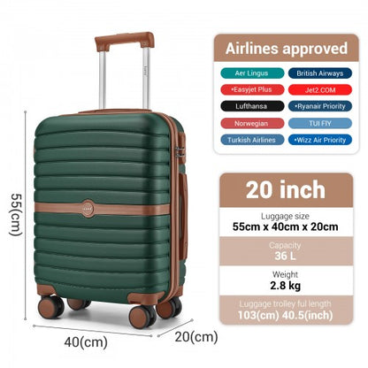 KSK2592 - Kono ABS+PC 20-Inch Striped Design with Colour-Block Details Carry-On Cabin Suitcase with Silent Spinner Wheels - Dark Green and Brown