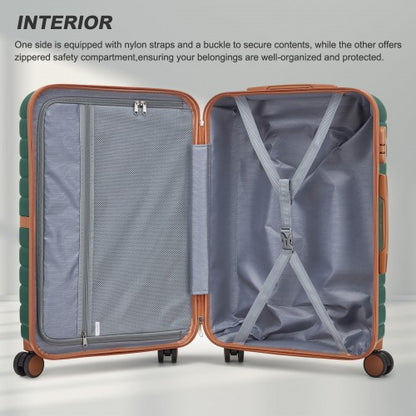 KSK2592 - Kono ABS+PC 20-Inch Striped Design with Colour-Block Details Carry-On Cabin Suitcase with Silent Spinner Wheels - Dark Green and Brown