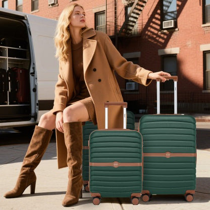 KSK2592 - Kono ABS+PC 24-Inch Striped Design with Colour-Block Details Medium Suitcase with Spinner Silent Wheels - Dark Green and Brown