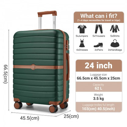 KSK2592 - Kono ABS+PC 24-Inch Striped Design with Colour-Block Details Medium Suitcase with Spinner Silent Wheels - Dark Green and Brown