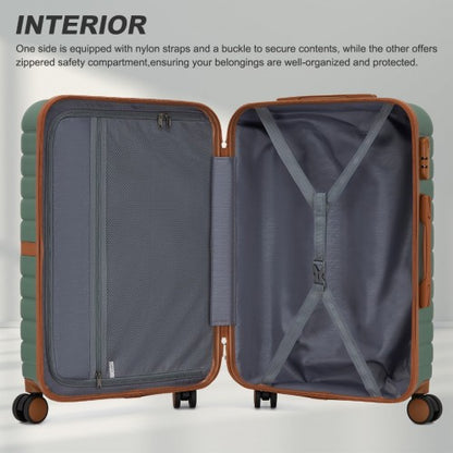 KSK2592 - Kono ABS+PC 20-Inch Striped Design with Colour-Block Details Carry-On Cabin Suitcase with Silent Spinner Wheels - Green and Brown