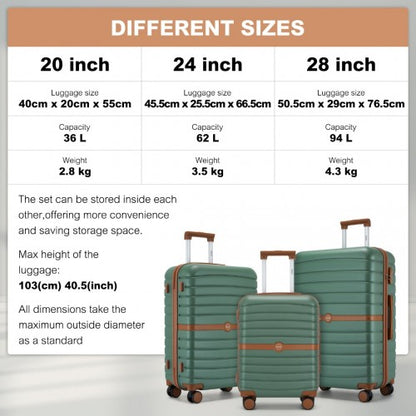 KSK2592 - Kono ABS+PC Striped Design with Colour-Block Details 3-Piece Hardshell Luggage Set with Spinner Wheels - Green and Brown