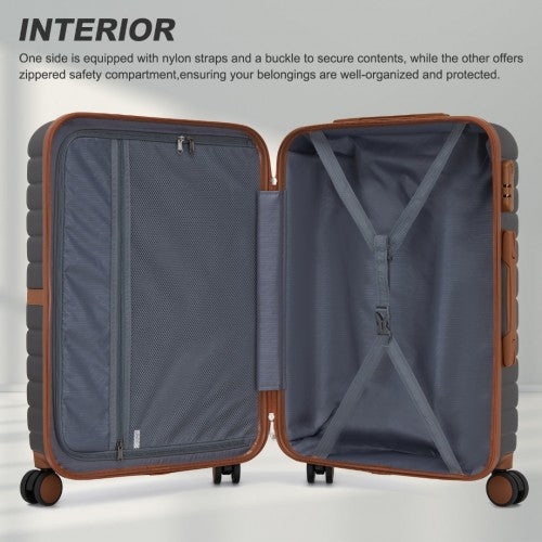 KSK2592 - Kono ABS+PC 24-Inch Striped Design with Colour-Block Details Medium Suitcase with Spinner Silent Wheels - Grey and Brown