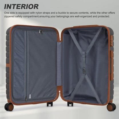 KSK2592 - Kono ABS+PC 24-Inch Striped Design with Colour-Block Details Medium Suitcase with Spinner Silent Wheels - Grey and Brown