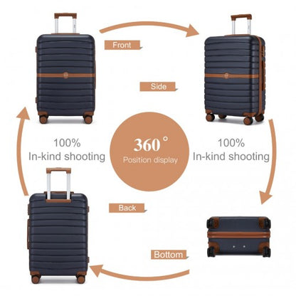 KSK2592 - Kono ABS+PC 24-Inch Striped Design with Colour-Block Details Medium Suitcase with Spinner Silent Wheels - Navy and Brown