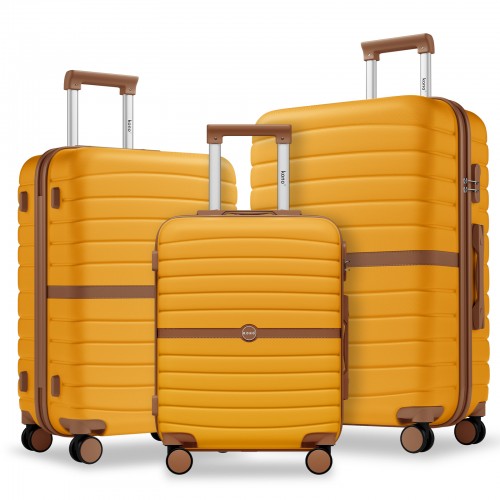 KSK2592 - Kono ABS+PC Striped Design with Colour-Block Details 3-Piece Hardshell Luggage Set with Spinner Wheels - Yellow and Brown