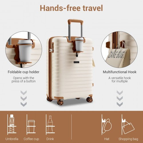 KSK2595 - Kono 20-Inch Hard Shell Scratch-Resistant PP Luggage with Cup Holder, TSA Lock & Expandable Design-Cabin Trolley For Travel - Beige and Brown