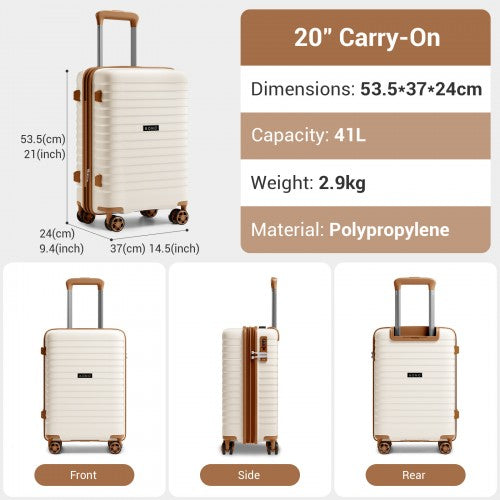 KSK2595 - Kono 20-Inch Hard Shell Scratch-Resistant PP Luggage with Cup Holder, TSA Lock & Expandable Design-Cabin Trolley For Travel - Beige and Brown