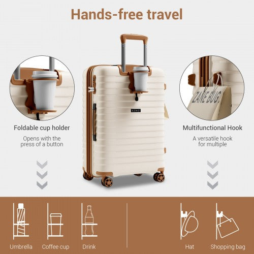 KSK2595 - Kono 24-Inch Hard Shell Scratch-Resistant PP Luggage with Cup Holder, TSA Lock & Expandable Design-Check-in Luggage For Travel - Beige and Brown