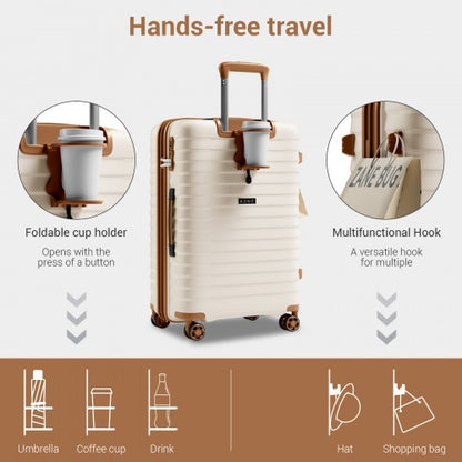 KSK2595 - Kono 24-Inch Hard Shell Scratch-Resistant PP Luggage with Cup Holder, TSA Lock & Expandable Design-Check-in Luggage For Travel - Beige and Brown