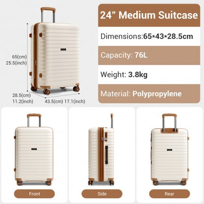KSK2595 - Kono 24-Inch Hard Shell Scratch-Resistant PP Luggage with Cup Holder, TSA Lock & Expandable Design-Check-in Luggage For Travel - Beige and Brown