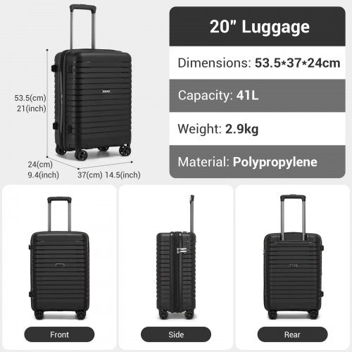 KSK2595 - Kono 20-Inch Hard Shell Scratch-Resistant PP Luggage with Cup Holder, TSA Lock & Expandable Design-Cabin Trolley For Travel - Black