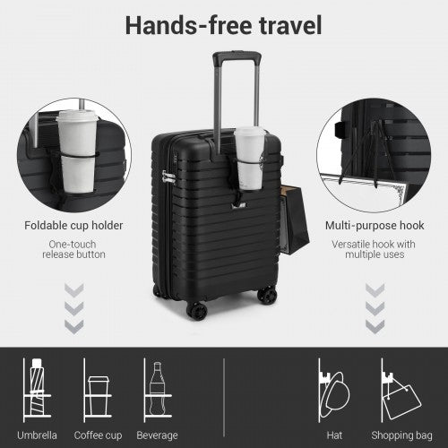 KSK2595 - Kono 20-Inch Hard Shell Scratch-Resistant PP Luggage with Cup Holder, TSA Lock & Expandable Design-Cabin Trolley For Travel - Black