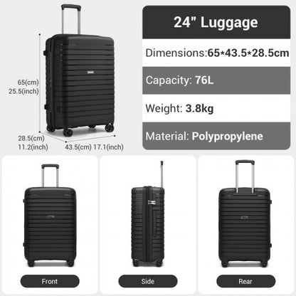 KSK2595 - Kono 24-Inch Hard Shell Scratch-Resistant PP Luggage with Cup Holder, TSA Lock & Expandable Design-Check-in Luggage For Travel - Black