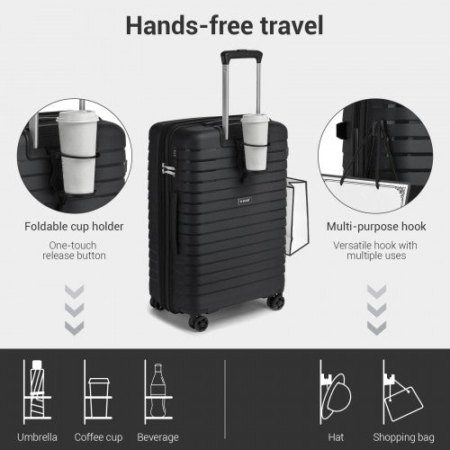 KSK2595 - Kono 24-Inch Hard Shell Scratch-Resistant PP Luggage with Cup Holder, TSA Lock & Expandable Design-Check-in Luggage For Travel - Black