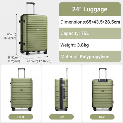 KSK2595 - Kono 24-Inch Hard Shell Scratch-Resistant PP Luggage with Cup Holder, TSA Lock & Expandable Design-Check-in Luggage For Travel - Green