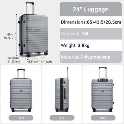 KSK2595 - Kono 24-Inch Hard Shell Scratch-Resistant PP Luggage with Cup Holder, TSA Lock & Expandable Design-Check-in Luggage For Travel - Grey