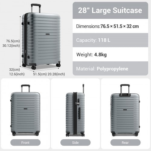 KSK2595 - Kono 28-Inch Hard Shell Scratch-Resistant PP Luggage with Cup Holder, TSA Lock & Expandable Design-Check-in Luggage For Travel - Grey