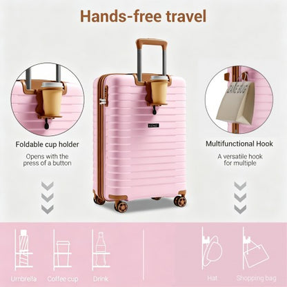 KSK2595 - Kono 20-Inch Hard Shell Scratch-Resistant PP Luggage with Cup Holder, TSA Lock & Expandable Design-Cabin Trolley For Travel - Pink and Brown