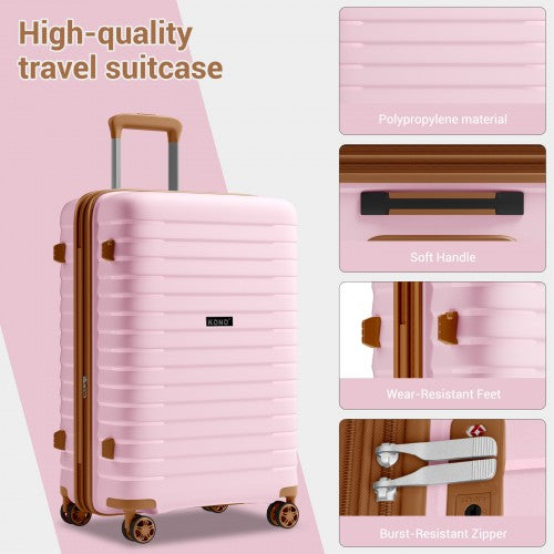 KSK2595 - Kono 24-Inch Hard Shell Scratch-Resistant PP Luggage with Cup Holder, TSA Lock & Expandable Design-Check-in Luggage For Travel - Pink and Brown