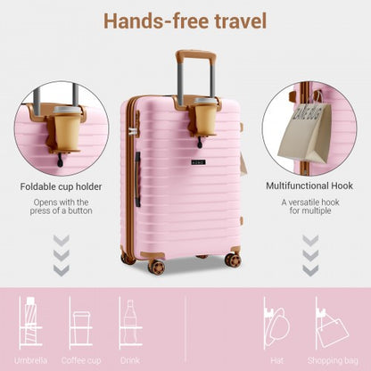 KSK2595 - Kono 28-Inch Hard Shell Scratch-Resistant PP Luggage with Cup Holder, TSA Lock & Expandable Design-Check-in Luggage For Travel - Pink and Brown