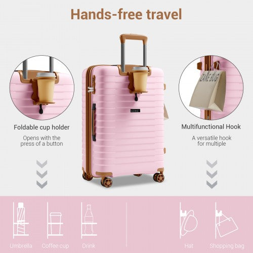 KSK2595 - Kono 24-Inch Hard Shell Scratch-Resistant PP Luggage with Cup Holder, TSA Lock & Expandable Design-Check-in Luggage For Travel - Pink and Brown