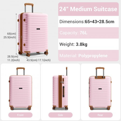 KSK2595 - Kono 24-Inch Hard Shell Scratch-Resistant PP Luggage with Cup Holder, TSA Lock & Expandable Design-Check-in Luggage For Travel - Pink and Brown