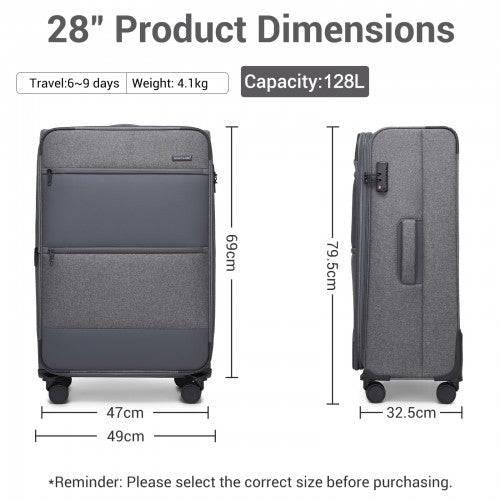 KSB2597 - British Traveller Sleek Tough 28 Inch Travel Soft-Shell Suitcase with Silent TPE Spinners, TSA Security and Expandable Capacity - Grey