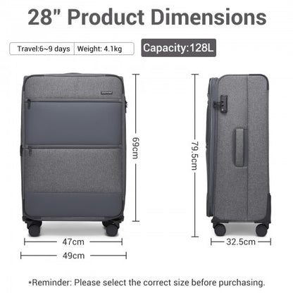 KSB2597 - British Traveller Sleek Tough 28 Inch Travel Soft-Shell Suitcase with Silent TPE Spinners, TSA Security and Expandable Capacity - Grey
