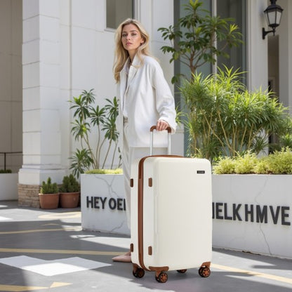 KSK2494 - Kono 28 Inch Minimalist Hard Shell ABS+PC Check-In Suitcase with TSA Lock 360° Spinner Wheels - Cream And Brown