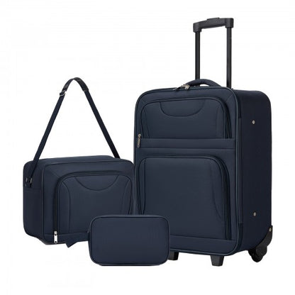 KSN2586 - 3 Piece 20 Inch Soft-shell Luggage Set with Cabin Shoulder Bag & Toiletry Bag, Lightweight Carry-On Travel Combo - Navy