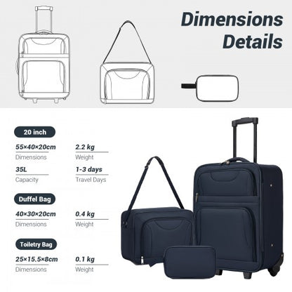 KSN2586 - 3 Piece 20 Inch Soft-shell Luggage Set with Cabin Shoulder Bag & Toiletry Bag, Lightweight Carry-On Travel Combo - Navy