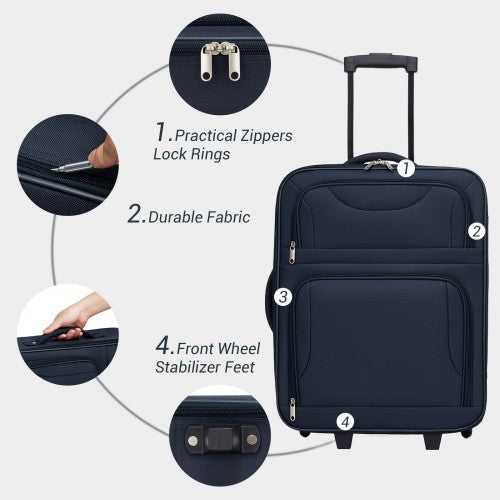 KSN2586 - 3 Piece 20 Inch Soft-shell Luggage Set with Cabin Shoulder Bag & Toiletry Bag, Lightweight Carry-On Travel Combo - Navy