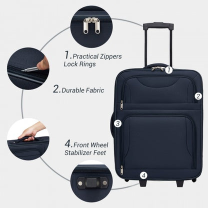 KSN2586 - 3 Piece 20 Inch Soft-shell Luggage Set with Cabin Shoulder Bag & Toiletry Bag, Lightweight Carry-On Travel Combo - Navy
