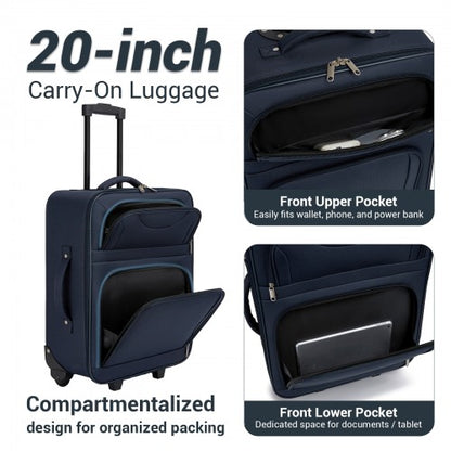KSN2586 - 3 Piece 20 Inch Soft-shell Luggage Set with Cabin Shoulder Bag & Toiletry Bag, Lightweight Carry-On Travel Combo - Navy