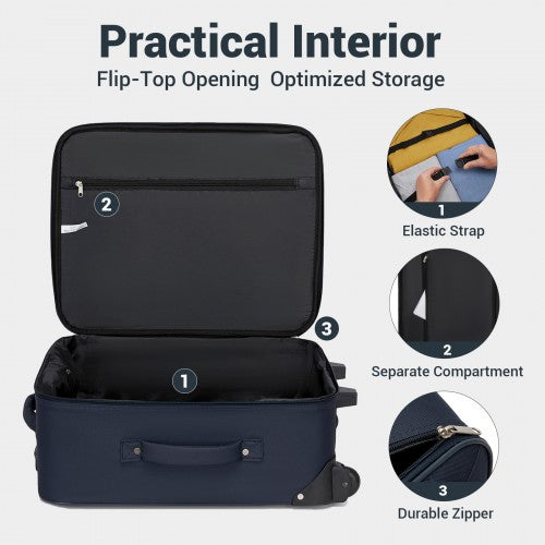 KSN2586 - 3 Piece 20 Inch Soft-shell Luggage Set with Cabin Shoulder Bag & Toiletry Bag, Lightweight Carry-On Travel Combo - Navy