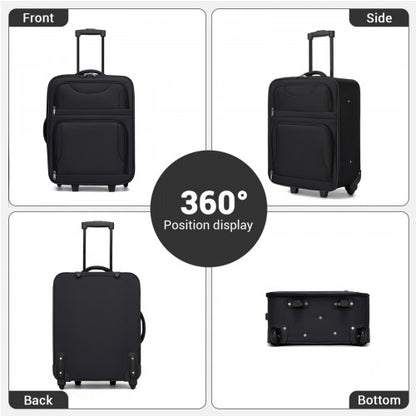 KSN2586 - 3 Piece 20 Inch Soft-shell Luggage Set with Cabin Shoulder Bag & Toiletry Bag, Lightweight Carry-On Travel Combo - Black