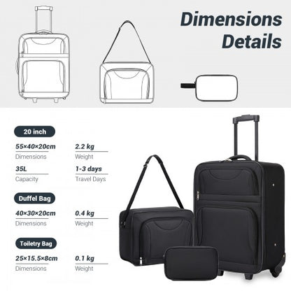 KSN2586 - 3 Piece 20 Inch Soft-shell Luggage Set with Cabin Shoulder Bag & Toiletry Bag, Lightweight Carry-On Travel Combo - Black