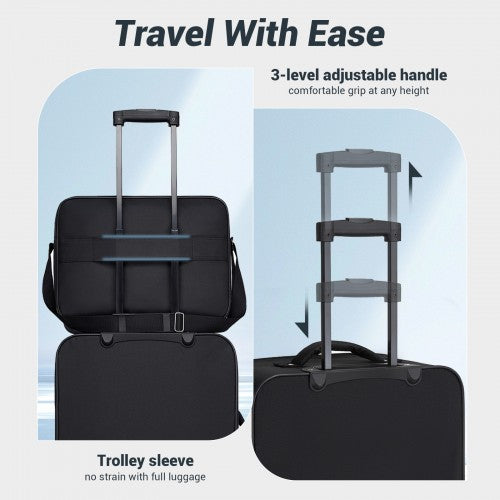 KSN2586 - 3 Piece 20 Inch Soft-shell Luggage Set with Cabin Shoulder Bag & Toiletry Bag, Lightweight Carry-On Travel Combo - Black