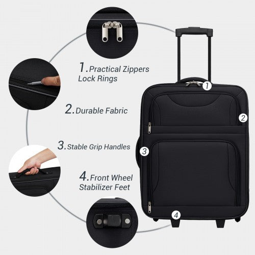 KSN2586 - 3 Piece 20 Inch Soft-shell Luggage Set with Cabin Shoulder Bag & Toiletry Bag, Lightweight Carry-On Travel Combo - Black