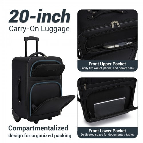 KSN2586 - 3 Piece 20 Inch Soft-shell Luggage Set with Cabin Shoulder Bag & Toiletry Bag, Lightweight Carry-On Travel Combo - Black