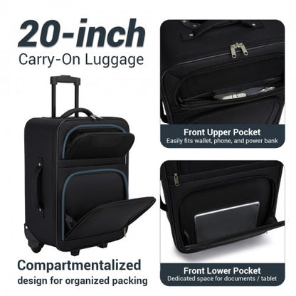 KSN2586 - 3 Piece 20 Inch Soft-shell Luggage Set with Cabin Shoulder Bag & Toiletry Bag, Lightweight Carry-On Travel Combo - Black