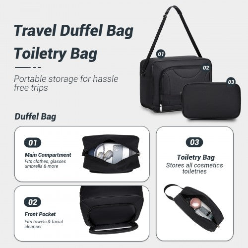 KSN2586 - 3 Piece 20 Inch Soft-shell Luggage Set with Cabin Shoulder Bag & Toiletry Bag, Lightweight Carry-On Travel Combo - Black