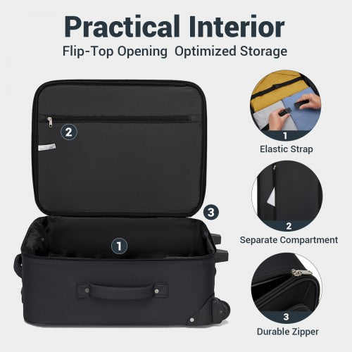 KSN2586 - 3 Piece 20 Inch Soft-shell Luggage Set with Cabin Shoulder Bag & Toiletry Bag, Lightweight Carry-On Travel Combo - Black