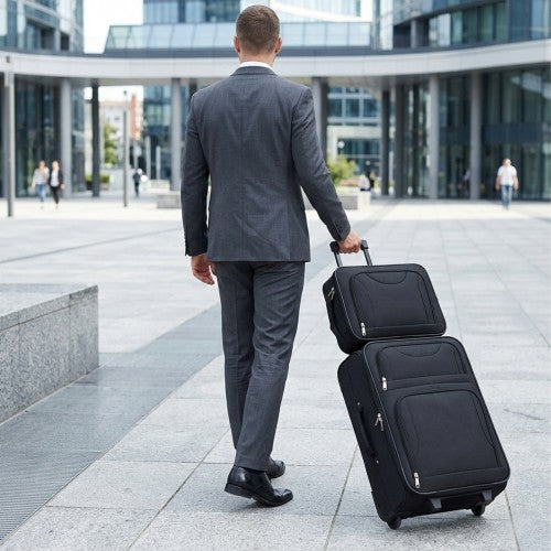 KSN2586 - 3 Piece 20 Inch Soft-shell Luggage Set with Cabin Shoulder Bag & Toiletry Bag, Lightweight Carry-On Travel Combo - Black